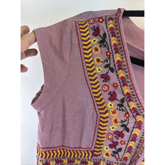 Sundance Floral Embroidered  T-shirt Purple V-Neck Cotton Beaded Womens Medium - Picture 2 of 9